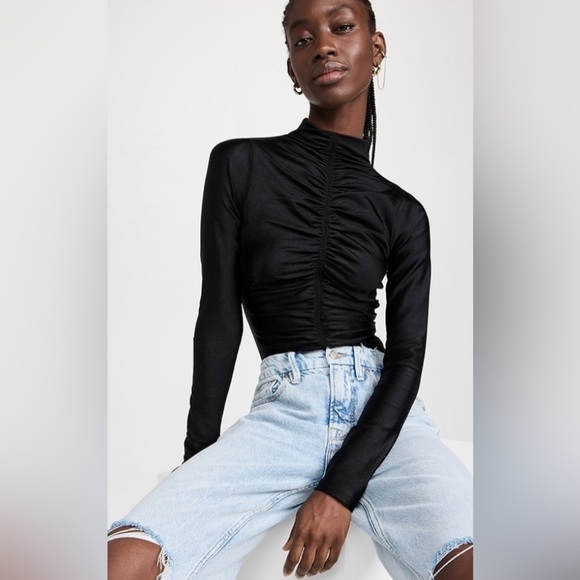 Good American Tops - Good American Disco Ruched Funnel Long Sleeve Black Thong Bodysuit Size Large